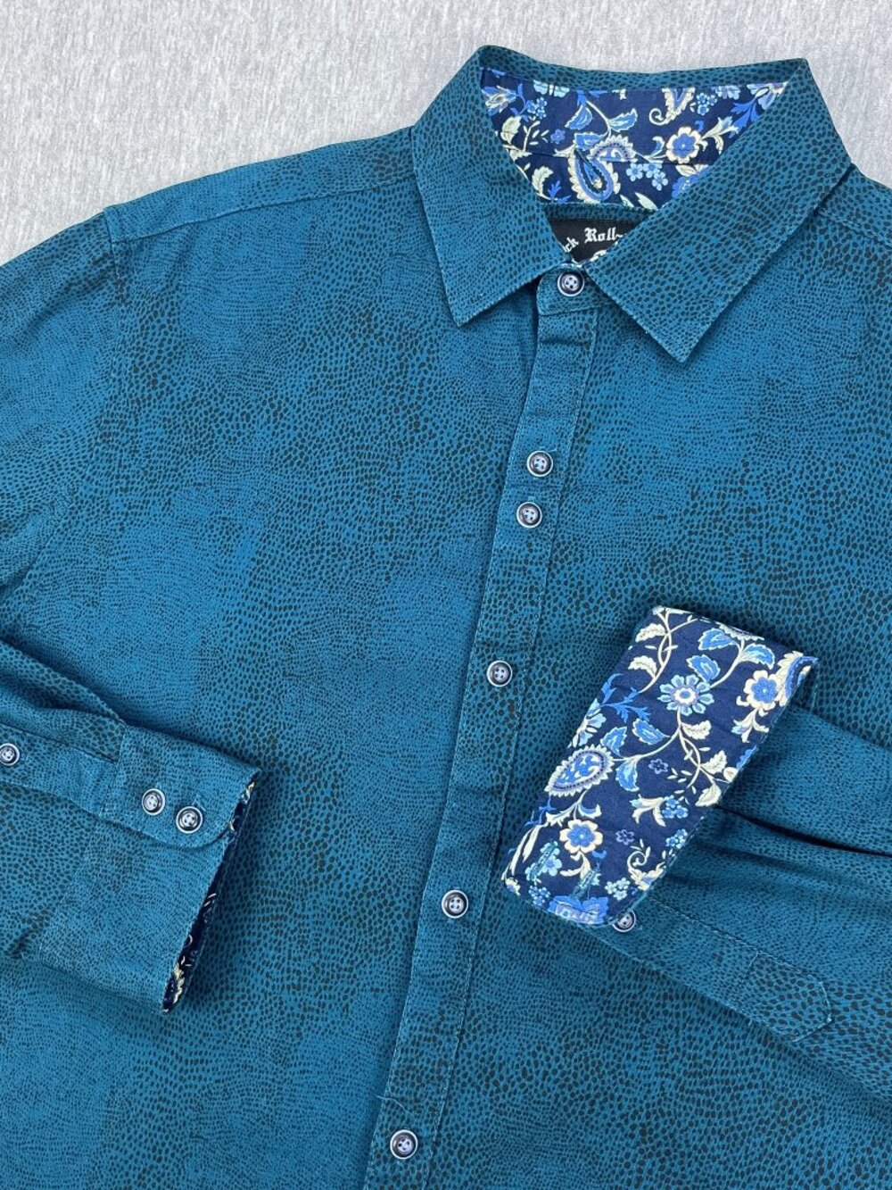 Rock Roll~n~Soul Button Up Shirt Mens L Blue Animal Floral Flip Cuff Skull Logo